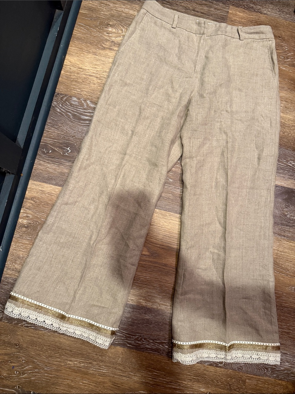 MICHAEL Michael Kors Natural Beige Wide-Leg Linen-Blend Pants with Lace Hem